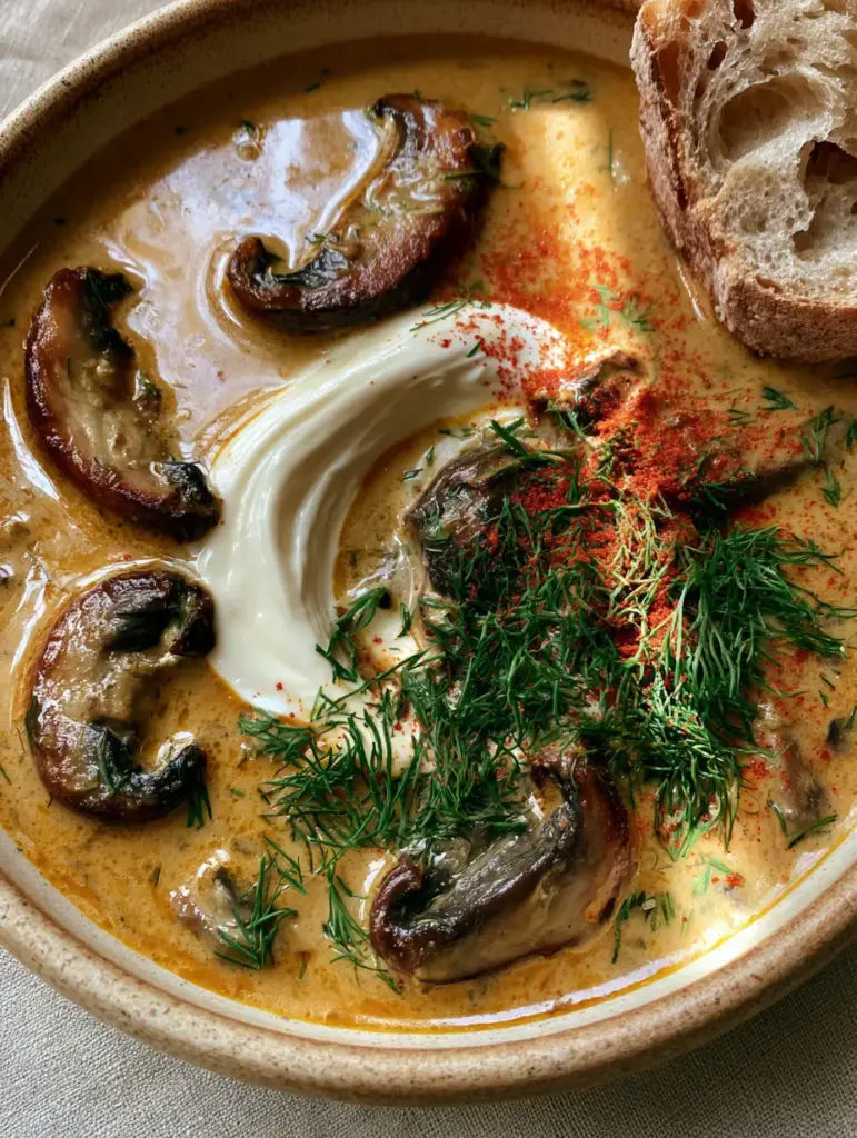 Hungarian Mushroom Soup recipe: A Creamy, Paprika-Infused Masterpiece 1 Close-up of seared cremini mushrooms floating in a paprika-infused broth with a marbled sour cream swirl.