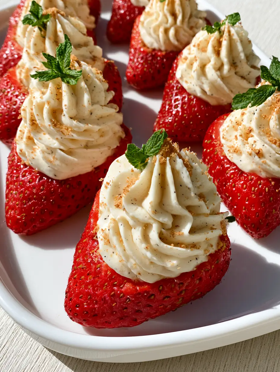 Top-down view of a platter of Deviled Strawberries with thick cheesecake swirls and vanilla bean specks.
