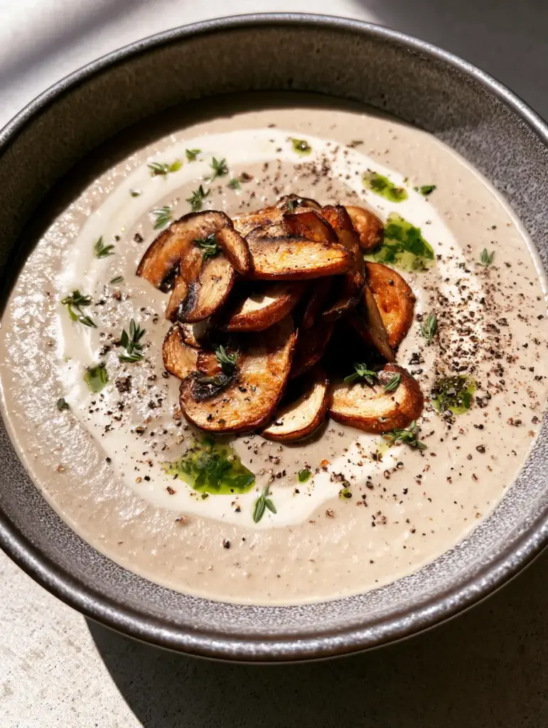 Vegan Cream of Mushroom Soup: Rich, Velvety, and Ultra-Creamy 1 A rustic charcoal bowl filled with vegan cream of mushroom soup, showing droplets of green herb oil and a heavy cashew cream swirl.