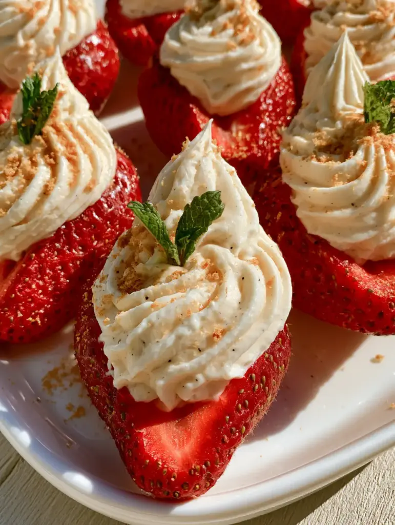 Handheld photo of a ceramic tray filled with halved strawberries and cheesecake frosting garnish.