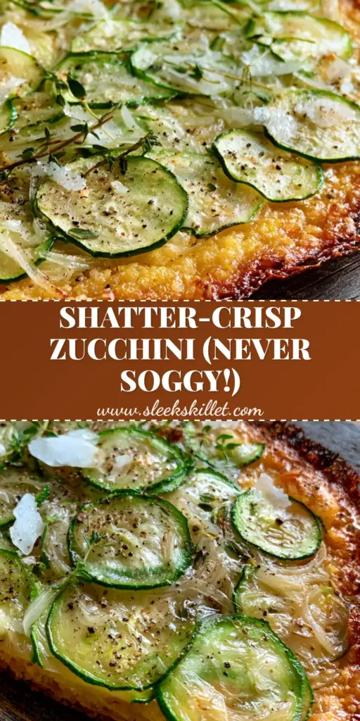 A top-down view of a crispy, golden-brown zucchini scarpaccia with paper-thin slices and fresh thyme. (zucchini scarpaccia)