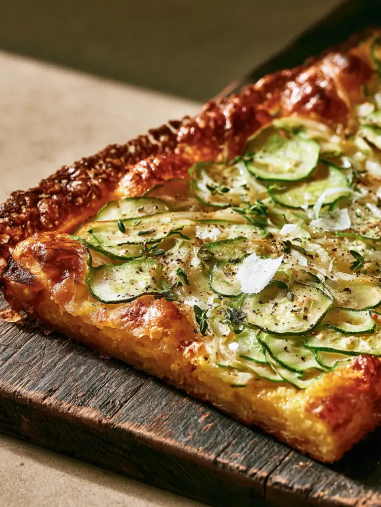 Handheld shot of a slice of Tuscan zucchini scarpaccia showing the oily sheen and translucent zucchini rounds.