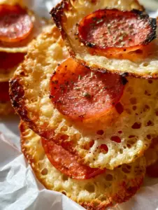 Macro view of Pepperoni Cheese Crisps showing the bubbly golden-brown cheese texture and glistening oils on the meat. (Pepperoni Cheese Crisps)