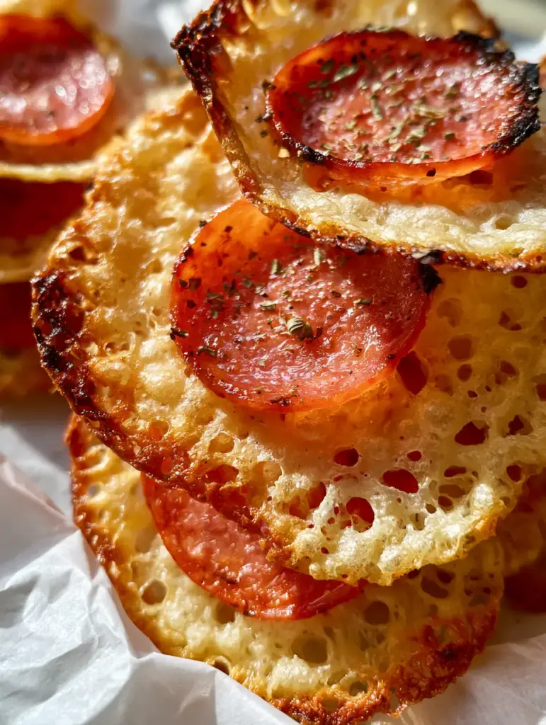 Macro view of Pepperoni Cheese Crisps showing the bubbly golden-brown cheese texture and glistening oils on the meat. (Pepperoni Cheese Crisps)