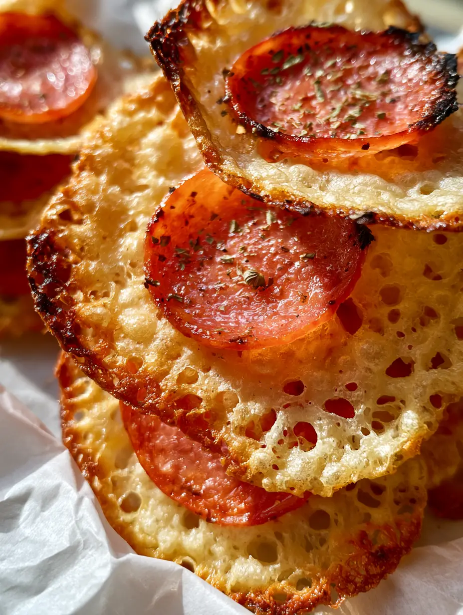 Macro view of Pepperoni Cheese Crisps showing the bubbly golden-brown cheese texture and glistening oils on the meat. (Pepperoni Cheese Crisps)