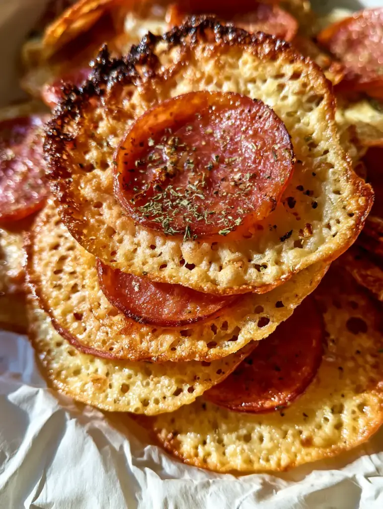 Close up of charred pepperoni rims on a bed of toasted parmesan cheese. (Pepperoni Cheese Crisps)