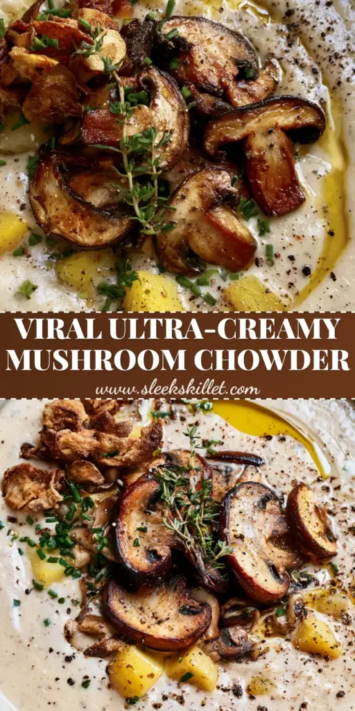 A close-up vertical shot of Vegan Mushroom Chowder in a rustic bowl, garnished with seared shiitake mushrooms, fresh chives, and a thyme sprig.