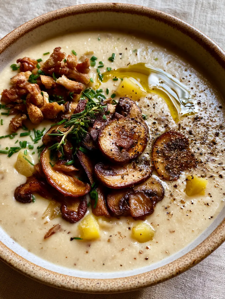 Handheld smartphone photo of velvety Vegan Mushroom Chowder with golden-brown cremini mushrooms and diced potatoes. (Vegan Mushroom Chowder)