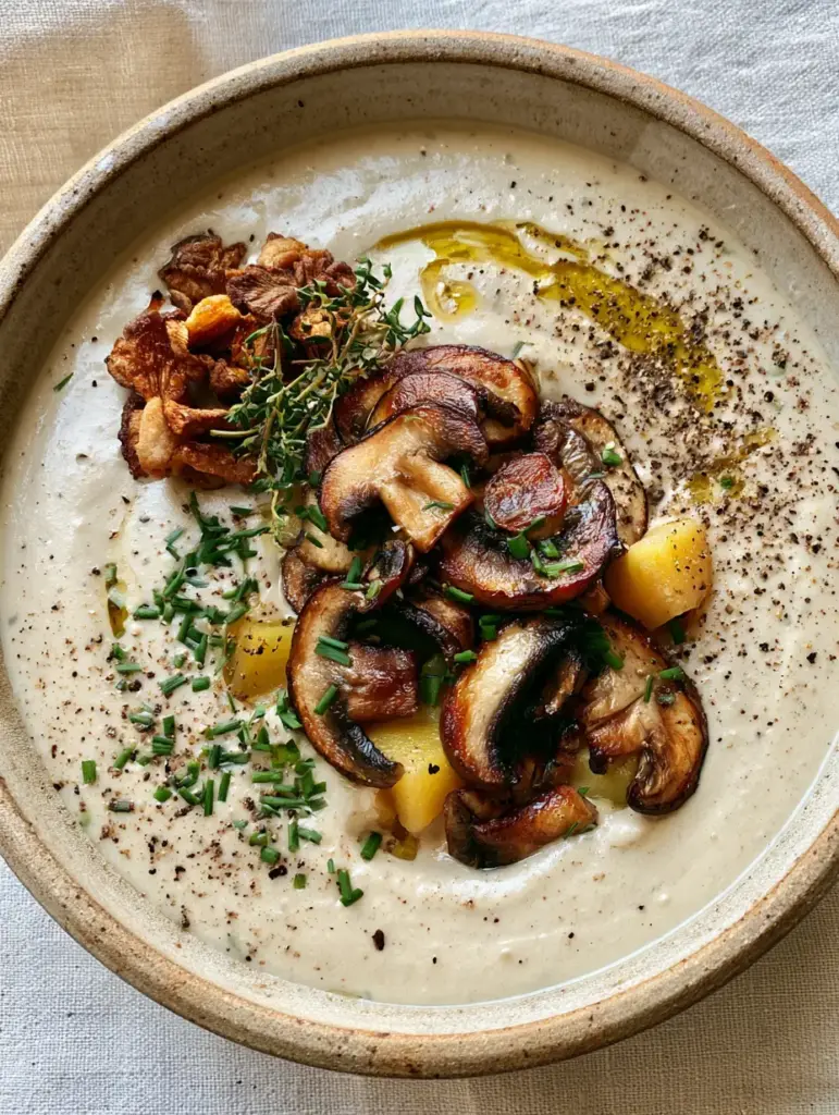 Rustic ceramic bowl of Vegan Mushroom Chowder with a heavy sprinkle of black pepper and olive oil swirl.