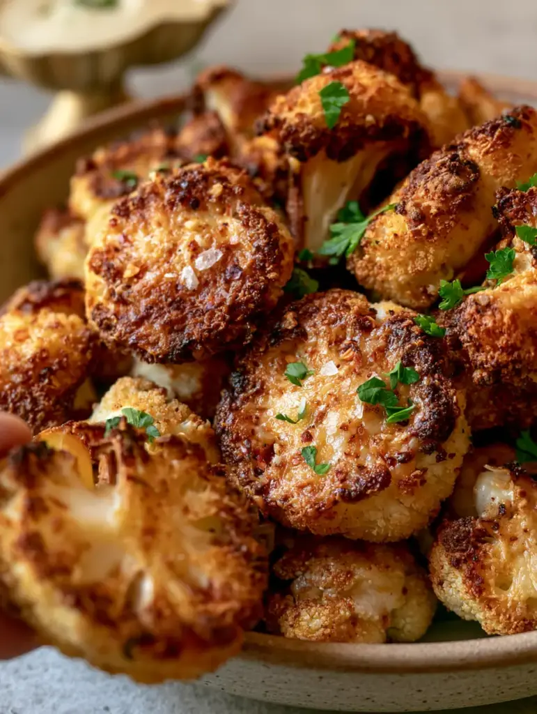 Macro photography of Parmesan Cauliflower Bites showing a shatter-crisp lacy cheese crust and charred edges.