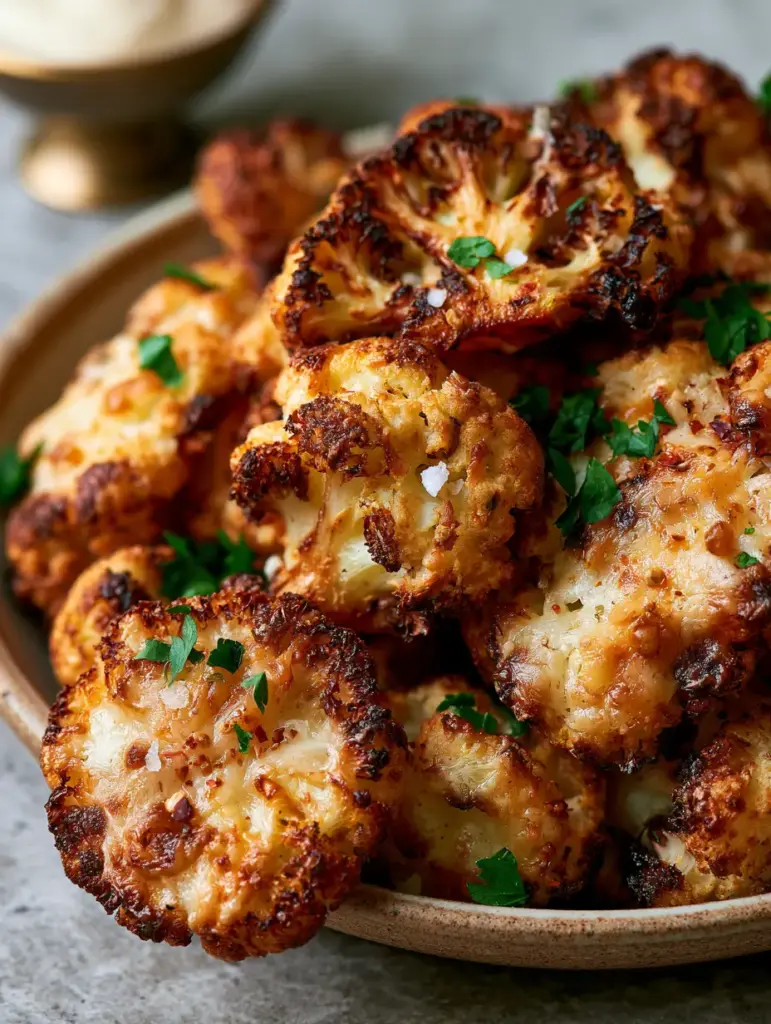 One Parmesan Cauliflower Bite held up to show texture with a creamy garlic dipping sauce in the background.