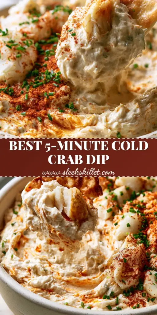 A close-up vertical shot of Cold crab dip in a white bowl, topped with massive lump crab chunks and Old Bay seasoning, being scooped by a golden cracker.
