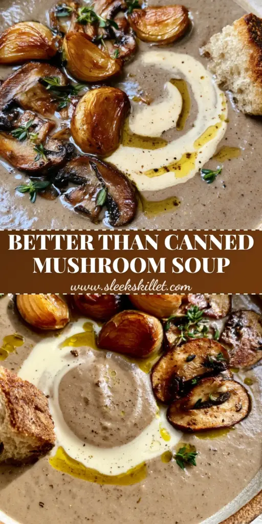 Mushroom Soup with Roasted Garlic and Toasted Sourdough 3 A rustic stoneware bowl of velvety taupe mushroom soup topped with roasted garlic, seared cremini, and a cream swirl.