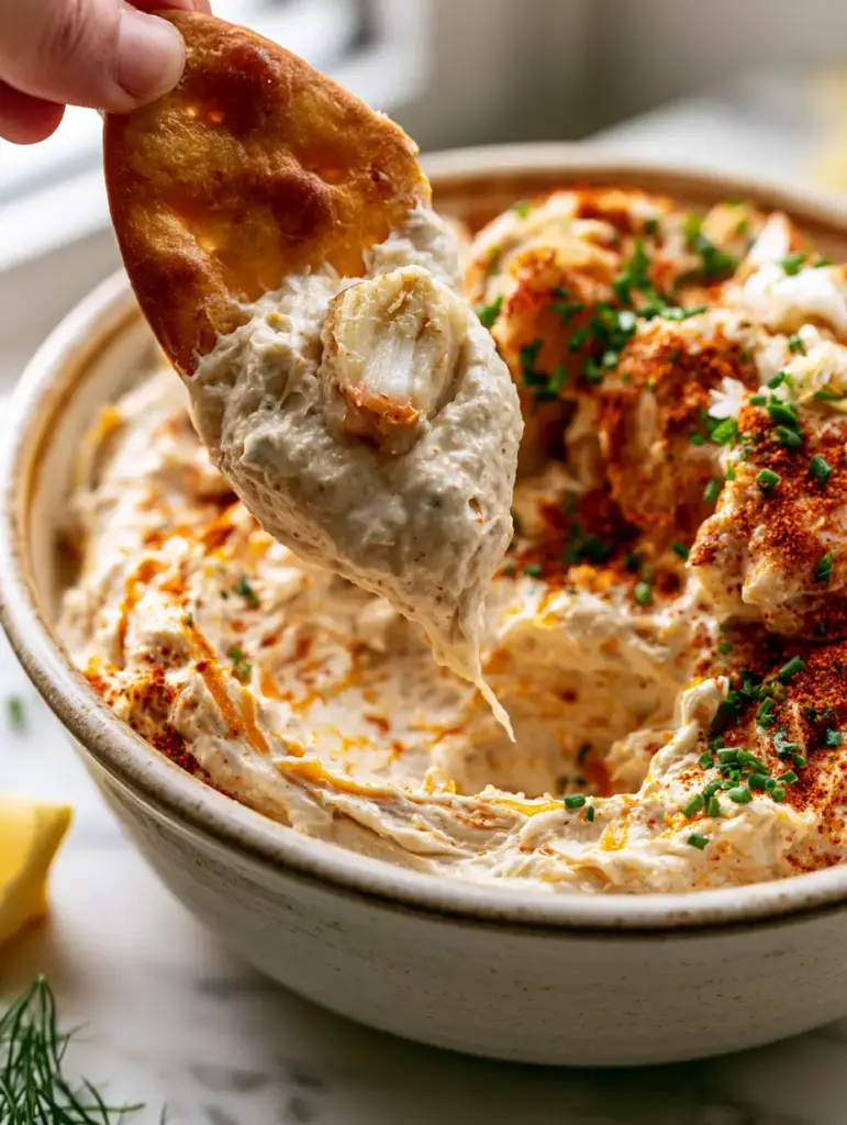 High-definition photo of Cold crab dip with a whipped cream cheese base and orange Old Bay swirls on a marble surface.