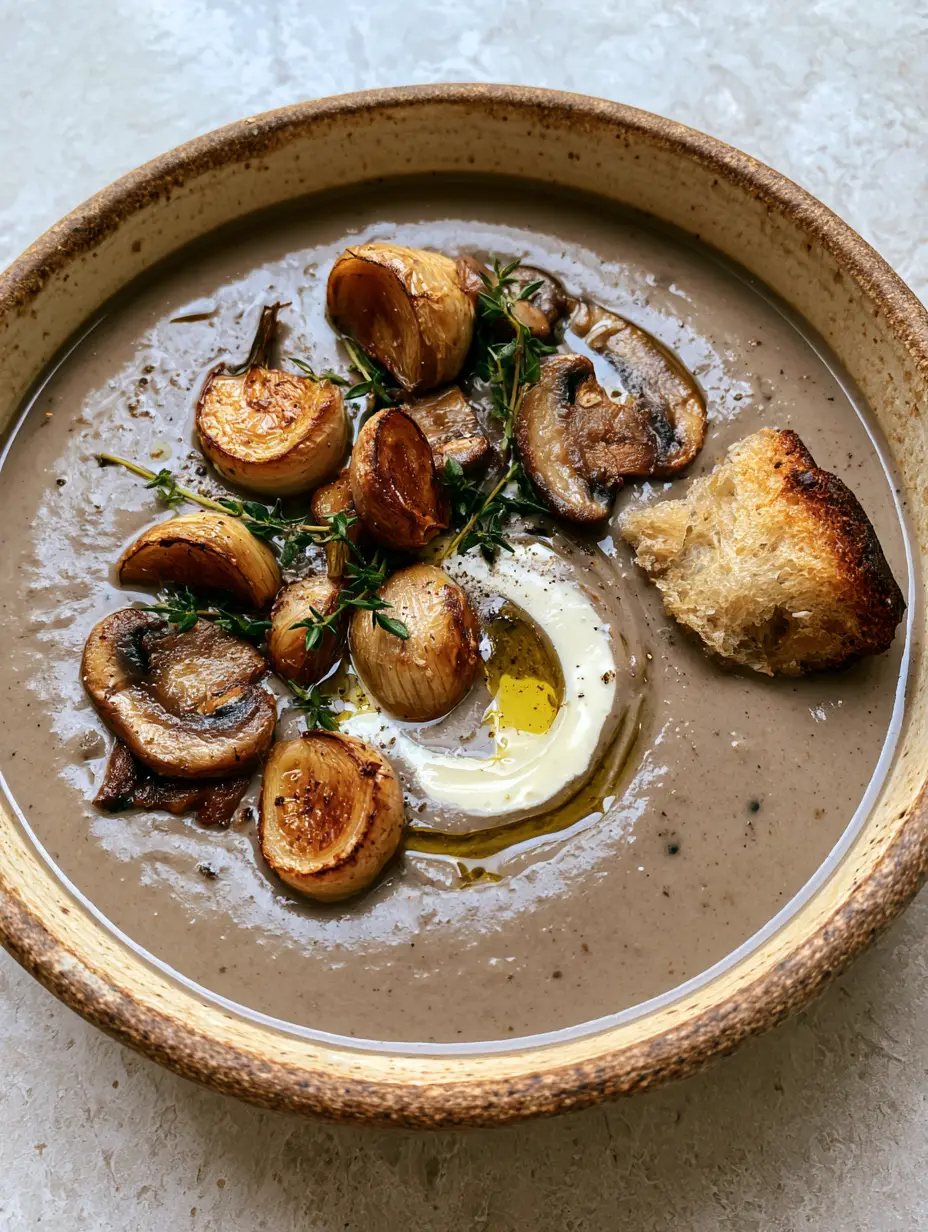 Mushroom Soup with Roasted Garlic and Toasted Sourdough 4 Close up of a creamy mushroom soup with a sourdough crouton and fresh thyme sprigs in a stone bowl.