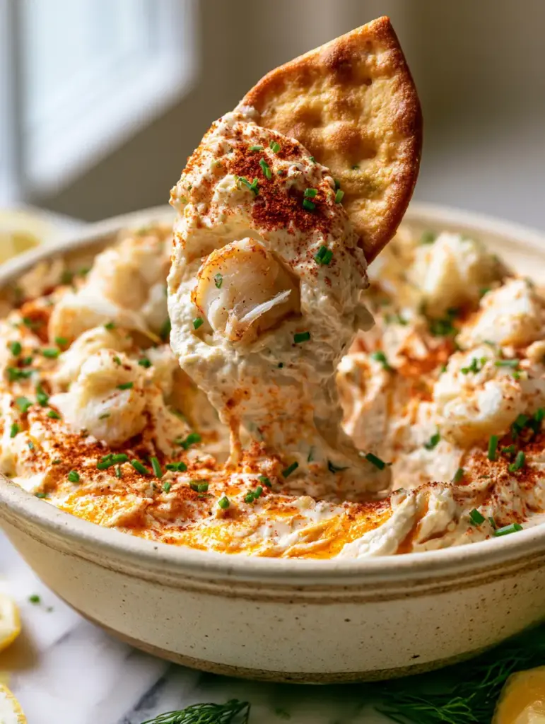 Overhead shot of Cold crab dip showing massive chunks of white crab meat, green chives, and rusty-red paprika dusting.