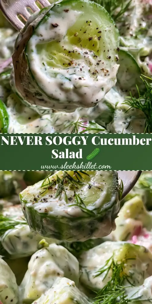 A vertical close-up of a cucumber ranch salad featuring a thick cucumber slice on a silver fork with creamy dressing and fresh dill.