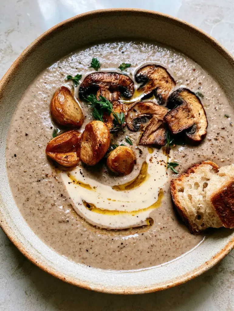 Mushroom Soup with Roasted Garlic and Toasted Sourdough 1 High angle shot of homemade mushroom soup with olive oil drizzle and roasted garlic cloves.