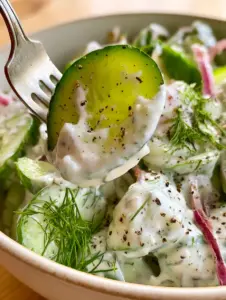 Close-up of vibrant green English cucumbers coated in thick white ranch dressing with cracked black pepper. (cucumber ranch salad)