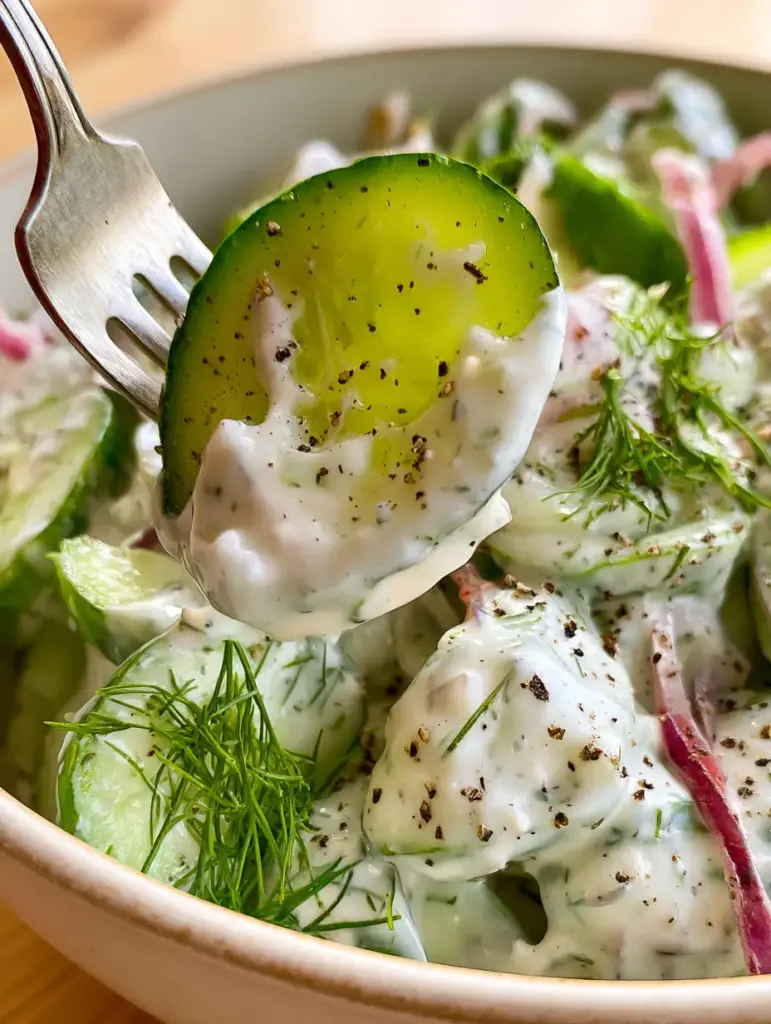 Close-up of vibrant green English cucumbers coated in thick white ranch dressing with cracked black pepper. (cucumber ranch salad)