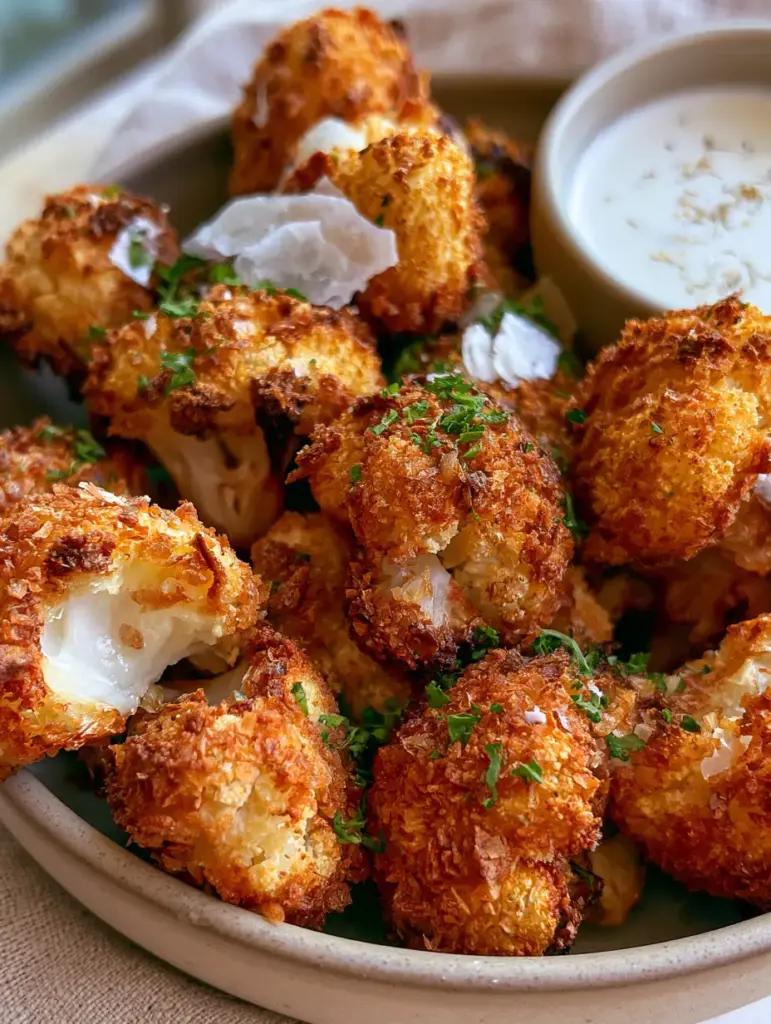 Air Fryer Cauliflower Bites recipe: The Ultimate Crispy Panko Snack 1 A bitten-open cauliflower floret showing a steaming white interior and crunchy exterior.