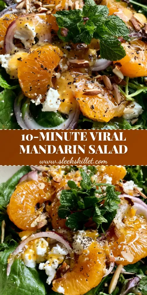 A top-down Pinterest pin image of a vibrant Mandarin orange salad with spinach, feta, and almonds in a white bowl.