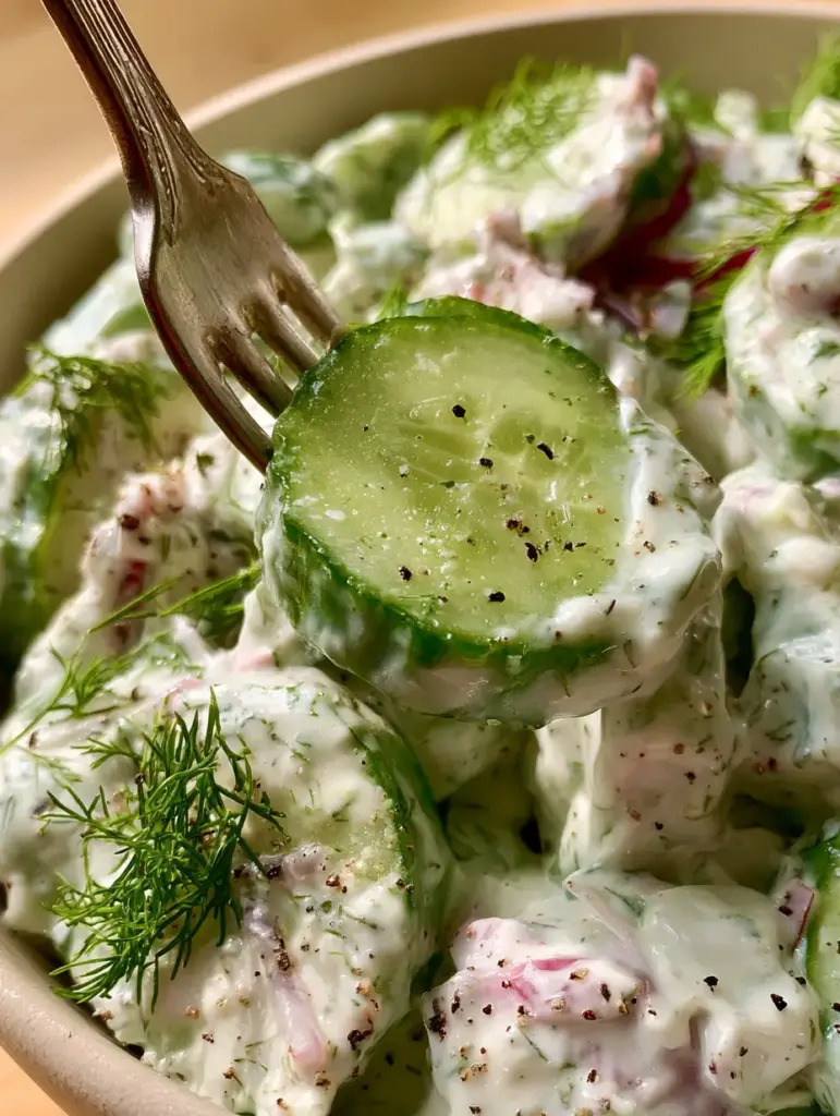 Freshly sliced cucumbers and red onions being tossed in a creamy dill dressing. (cucumber ranch salad)