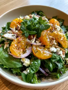 A high-angle smartphone photo of Mandarin orange salad showing glistening citrus segments and fresh baby spinach.