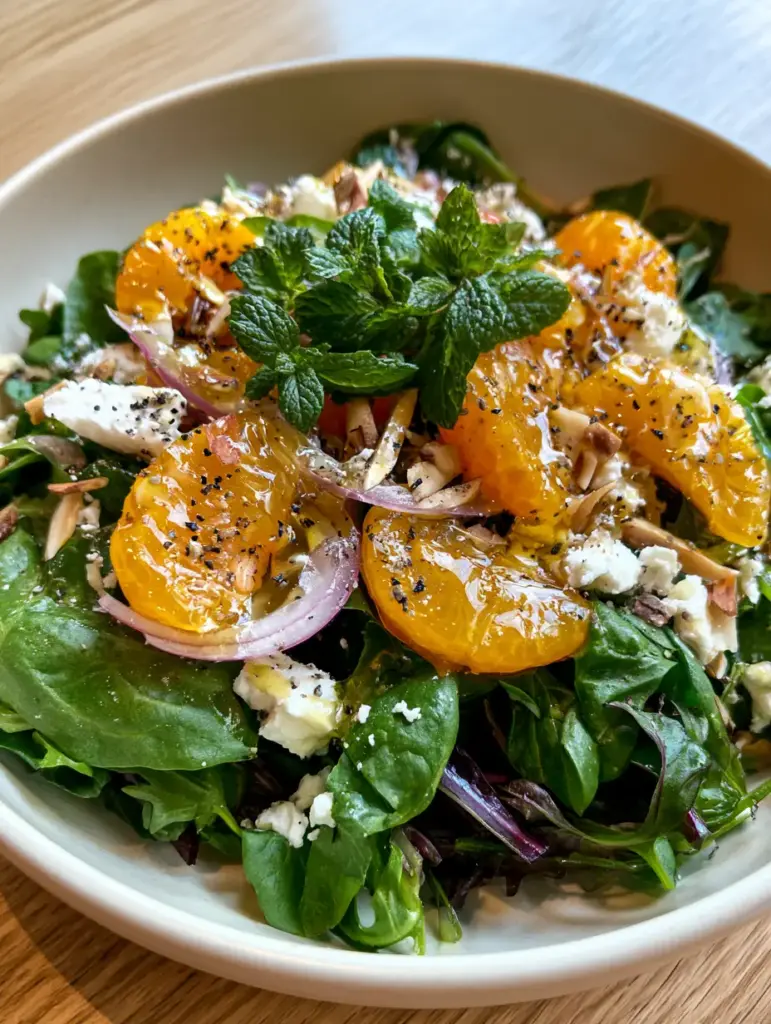 A high-angle smartphone photo of Mandarin orange salad showing glistening citrus segments and fresh baby spinach.