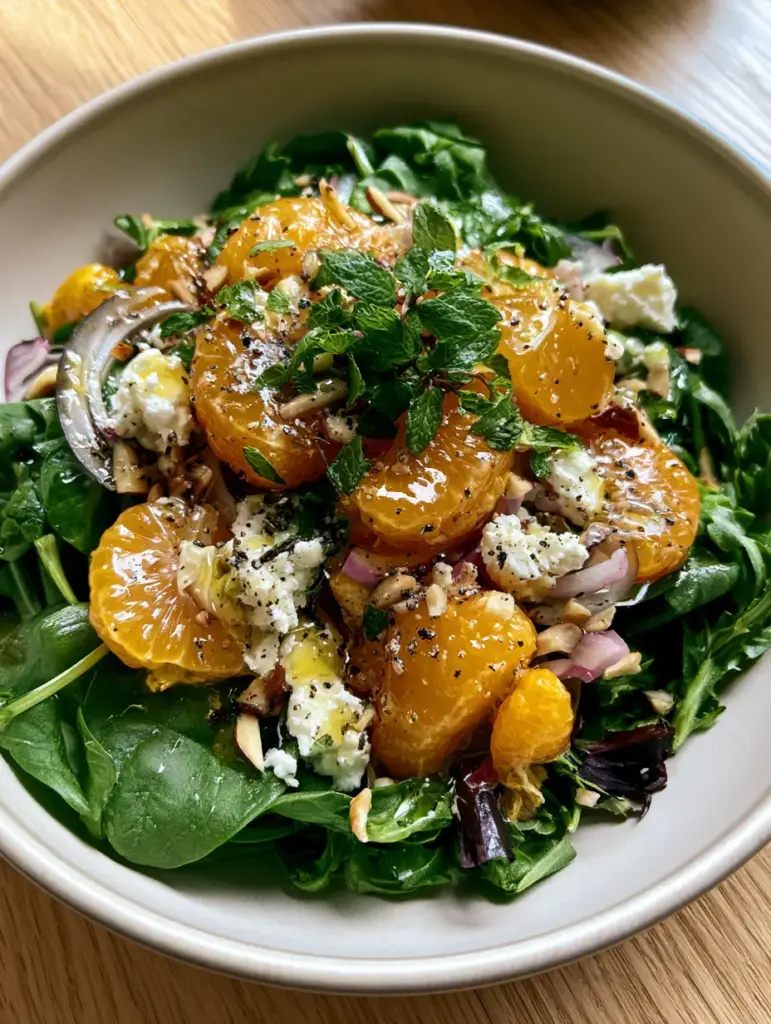 Close up photo of Mandarin orange salad with toasted almonds, feta cheese, and glossy vinaigrette.