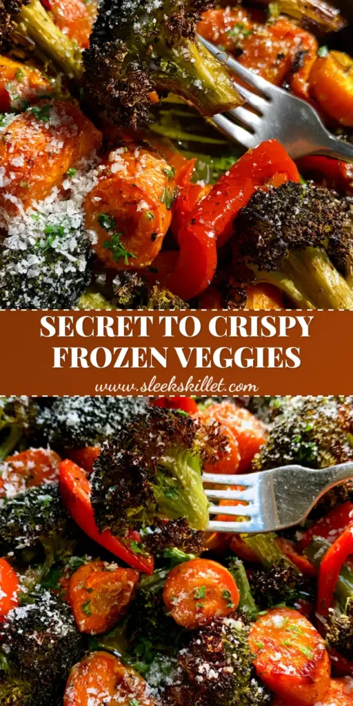 A dark sheet pan filled with Roasted frozen vegetables including charred broccoli, caramelized carrots, and blistered red peppers topped with parmesan.