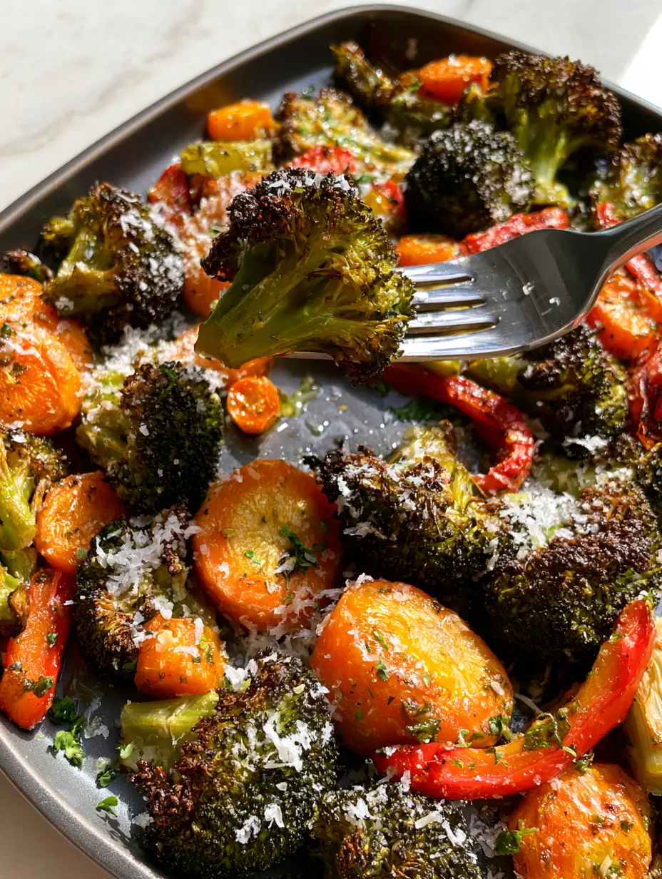 Macro top-down view of Roasted frozen vegetables showing deep brown charred edges on broccoli and snowy parmesan cheese.