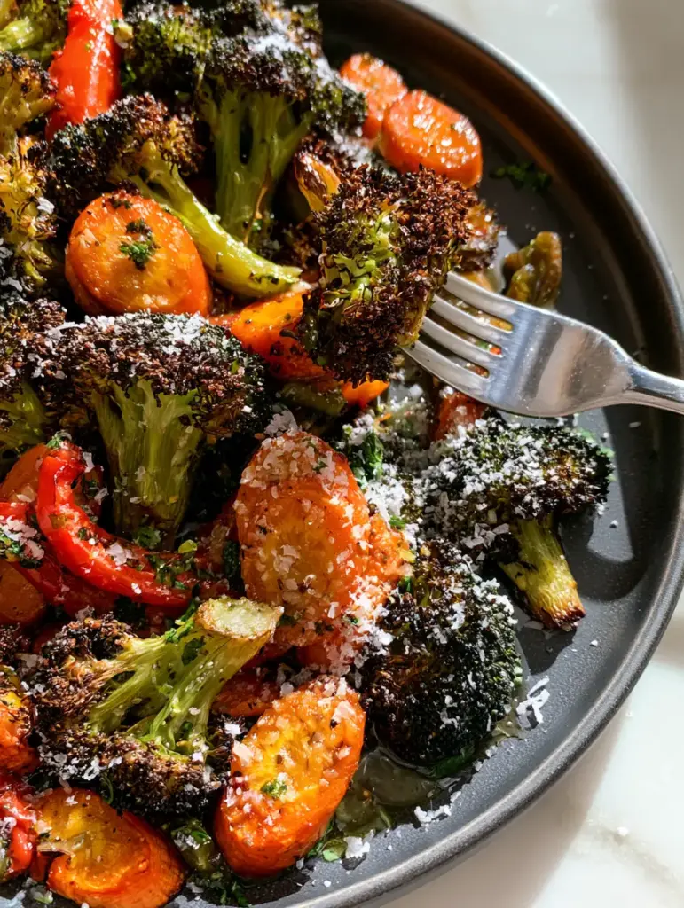 A silver fork lifting a crispy broccoli floret from a tray of Roasted frozen vegetables.