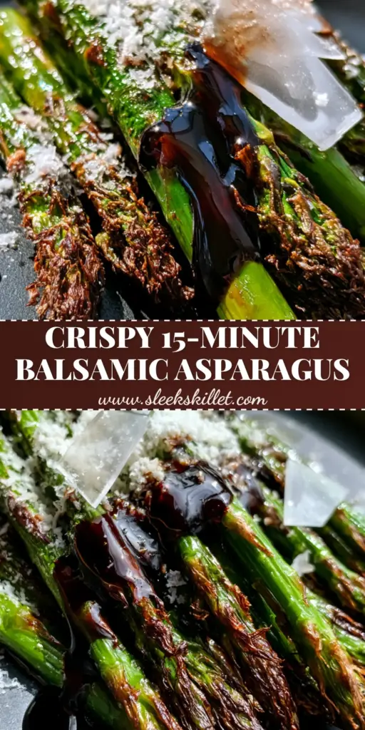 Balsamic Glazed Roasted Asparagus with Charred Tips 3 A vertical Pin image showing balsamic glazed roasted asparagus with charred tips, a thick mahogany drizzle, and snowy parmesan on a dark plate.