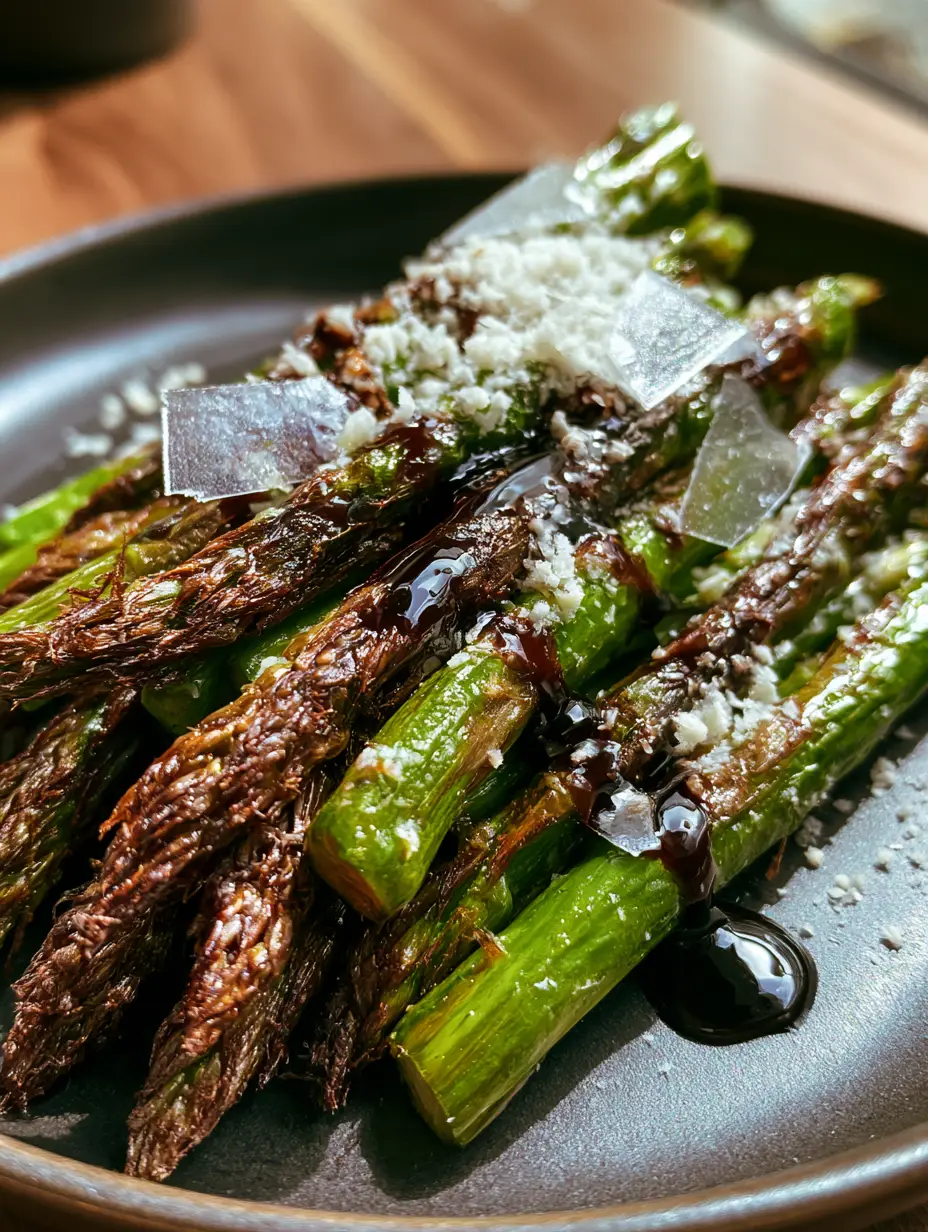 Balsamic Glazed Roasted Asparagus with Charred Tips 4 Macro close-up of balsamic glazed roasted asparagus showing vibrant green spears and frizzled, crispy tips with a mahogany glaze drip.