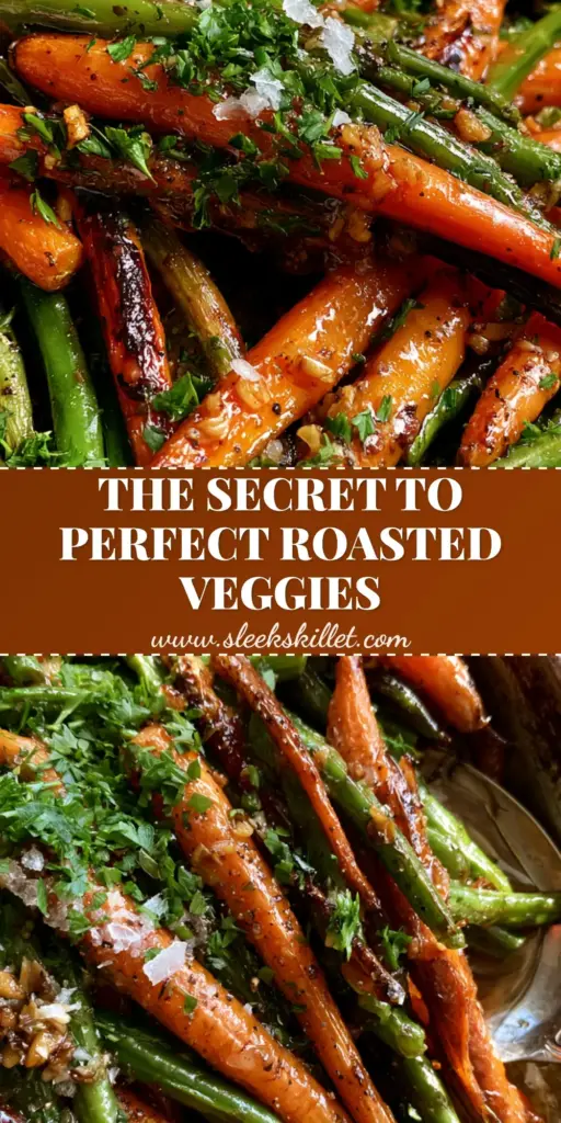 Roasted Carrots and Green Beans with Honey Garlic Butter 3 A rustic dark sheet pan filled with Roasted Carrots and Green Beans, featuring caramelized heirloom carrots and charred green beans with a glossy honey garlic glaze.