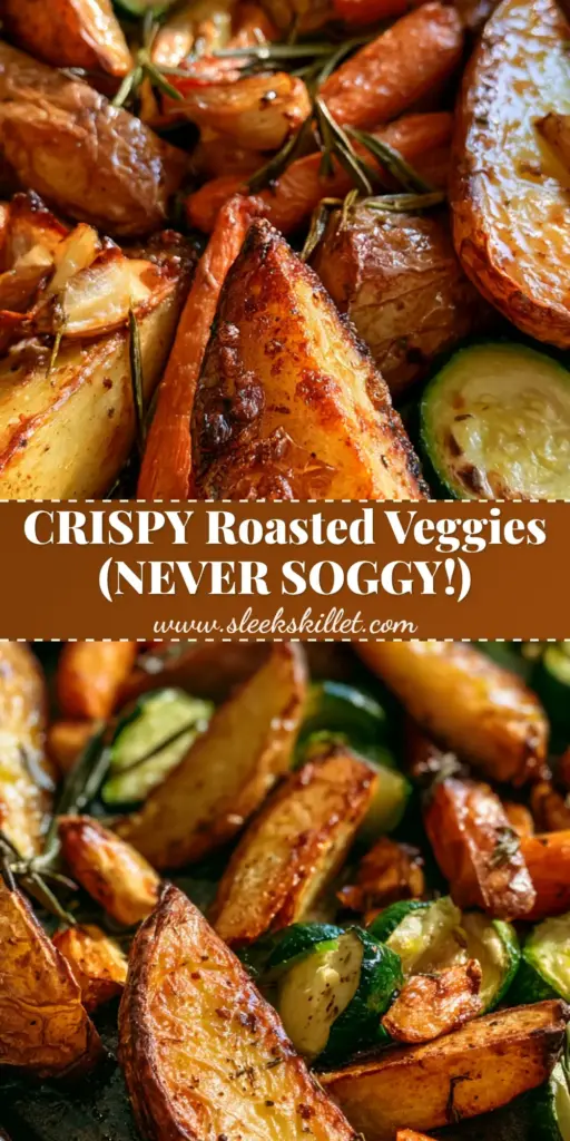 Garlic Herb Roasted Potatoes with Carrots and Zucchini 3 A vertical photo of Garlic Herb Roasted Potatoes with Carrots and Zucchini on a dark baking sheet, featuring crispy potato wedges and charred zucchini.