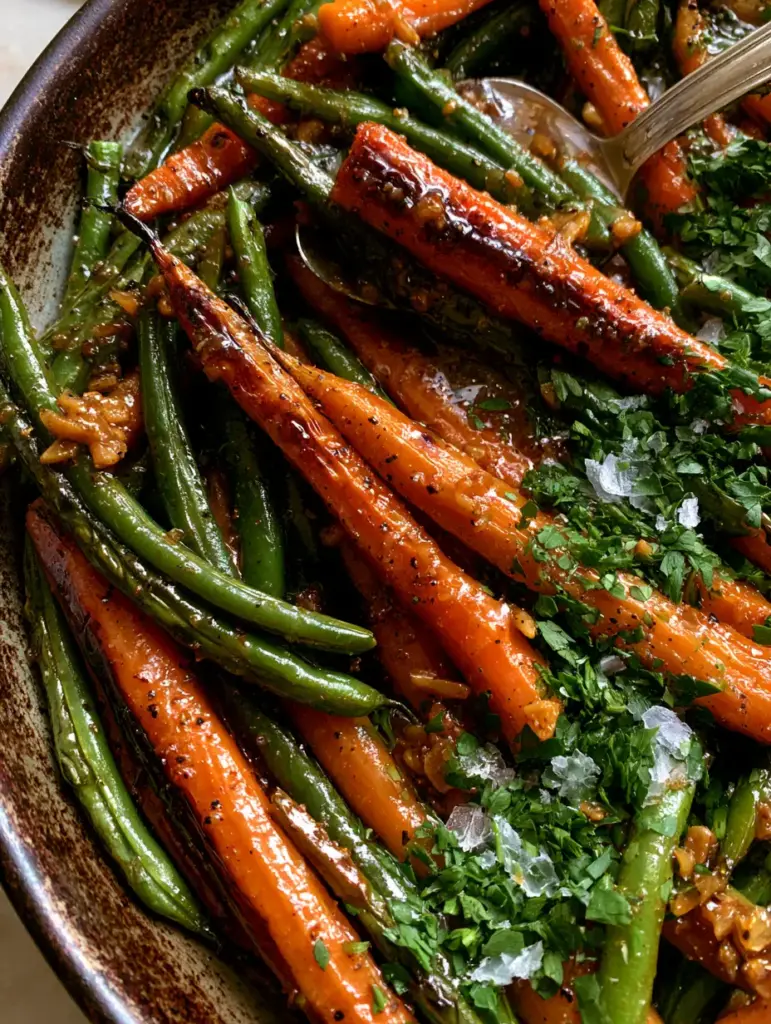Roasted Carrots and Green Beans with Honey Garlic Butter 2 Extreme close-up of Roasted Carrots and Green Beans showing blistered edges and vibrant green bean textures.