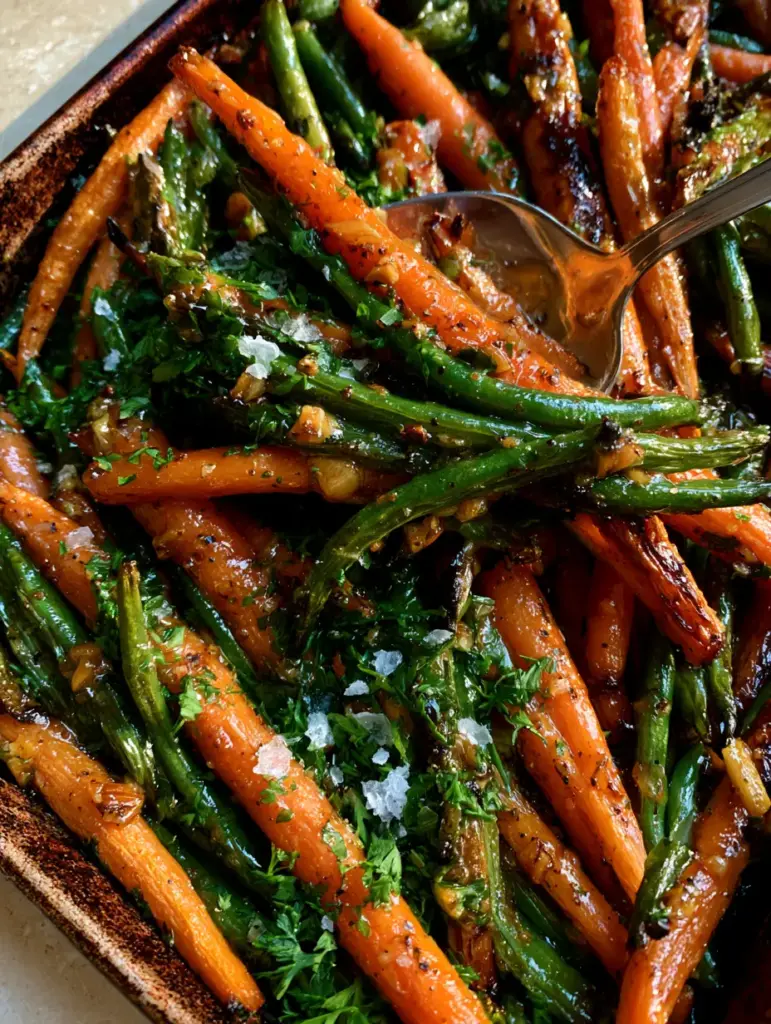 Roasted Carrots and Green Beans with Honey Garlic Butter 1 Overhead shot of honey garlic glazed carrots and green beans on a dark patina sheet pan.