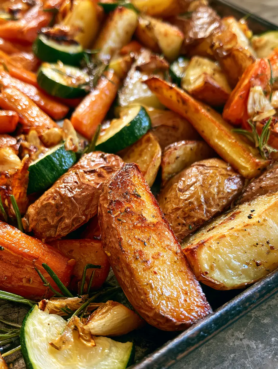 Garlic Herb Roasted Potatoes with Carrots and Zucchini 4 Close-up of golden brown roasted potato wedges and orange carrots. (Garlic Herb Roasted Potatoes with Carrots and Zucchini)