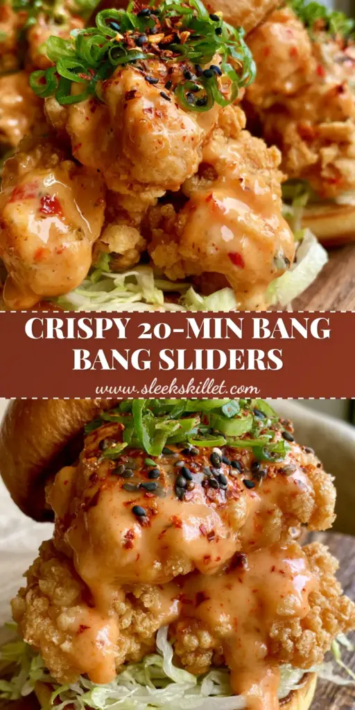Bang Bang Chicken Sliders with Crispy Double-Breaded Chicken 4 A close-up shot of three bang bang chicken sliders featuring ultra-crispy chicken and coral sauce on a wooden board.