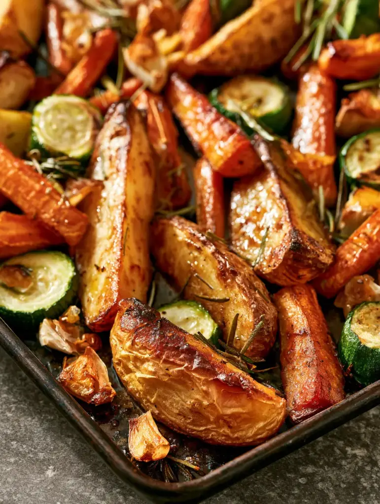 Garlic Herb Roasted Potatoes with Carrots and Zucchini 1 Wide shot of a rustic dark baking sheet filled with Garlic Herb Roasted Potatoes with Carrots and Zucchini on a grey stone countertop.