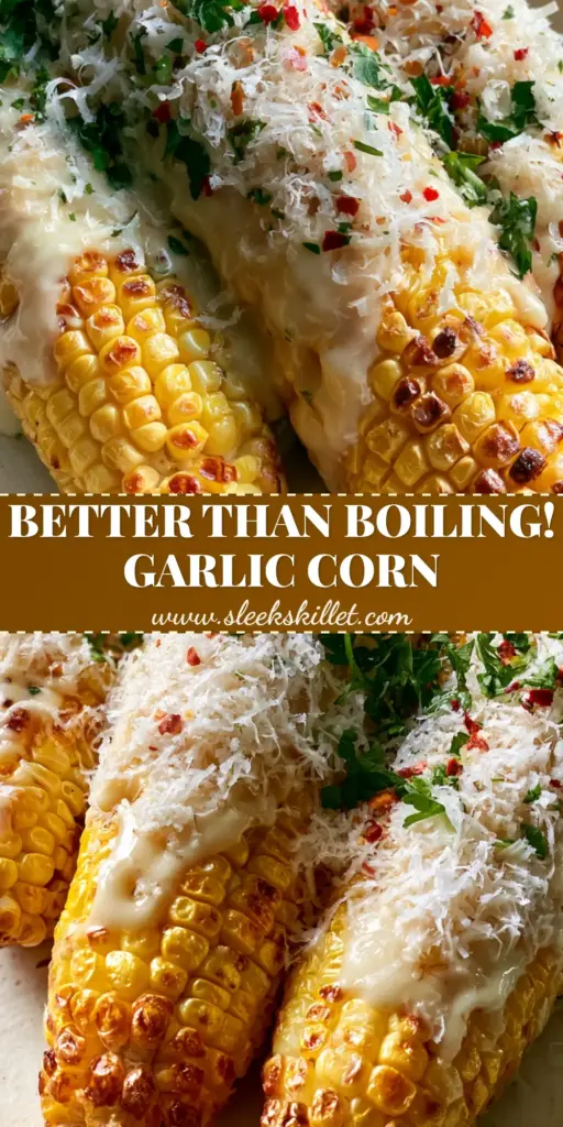 Garlic Parmesan Corn on the Cob: The Ultimate Air Fryer Recipe 3 Extreme close-up of three ears of garlic parmesan corn on the cob with thick butter sauce and snowy cheese on a white platter.