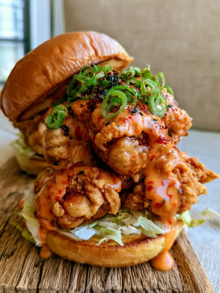 Bang Bang Chicken Sliders with Crispy Double-Breaded Chicken 2 Jagged crispy chicken pieces for bang bang chicken sliders dripping with glossy sweet chili mayo sauce.