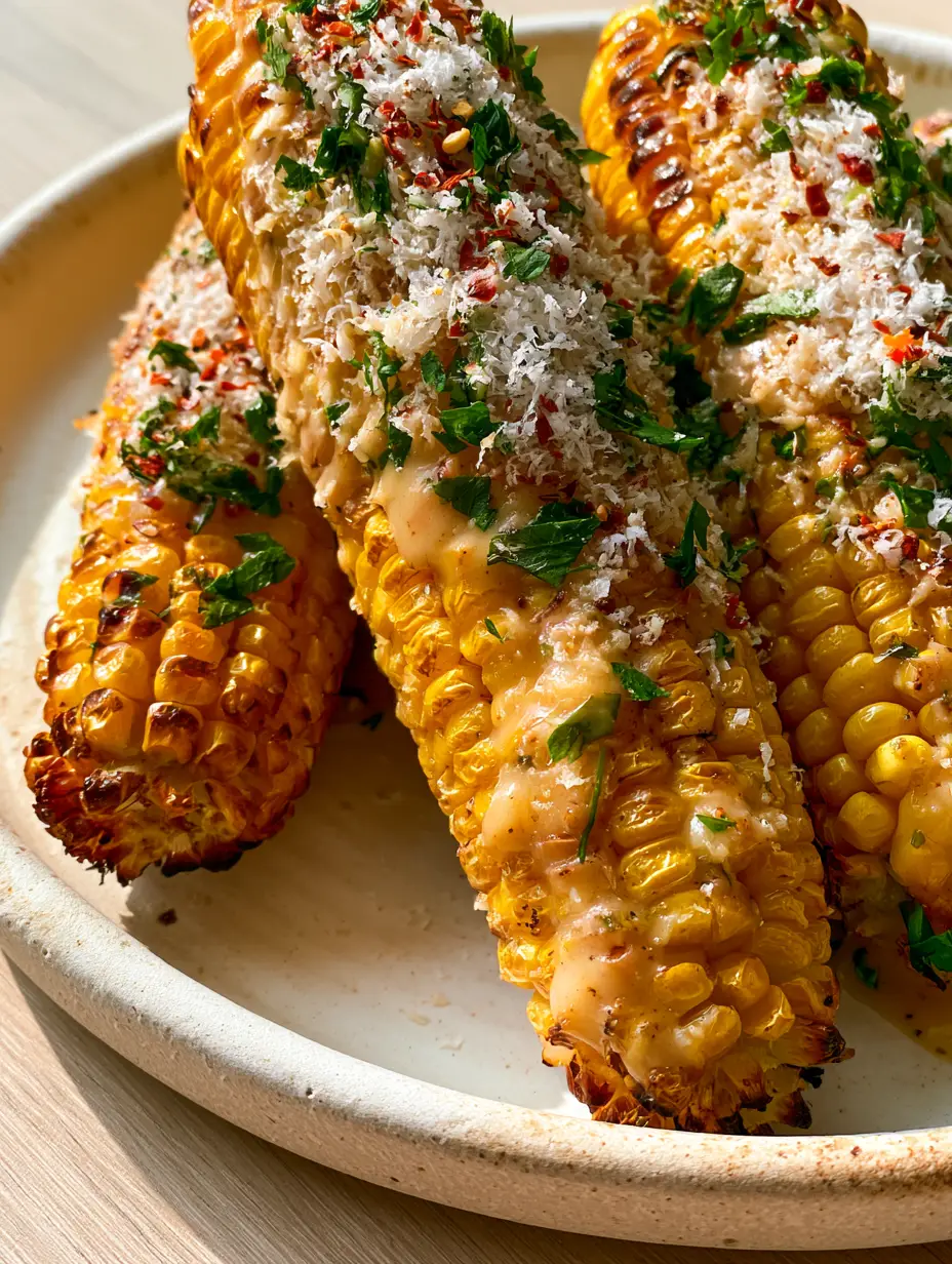 Garlic Parmesan Corn on the Cob: The Ultimate Air Fryer Recipe 4 Close-up handheld photo of charred sweet corn with velvety garlic butter and freshly grated parmesan cheese.