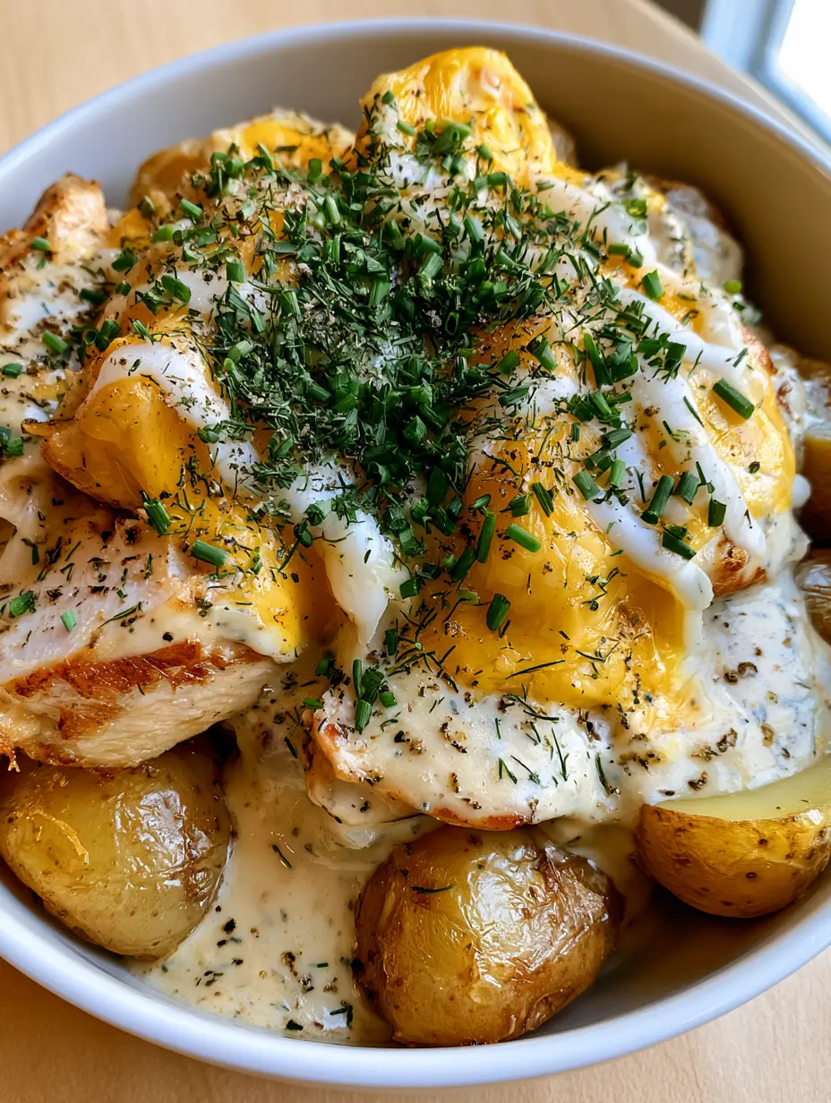 Slow cooker cheesy ranch chicken and potatoes: The Ultimate Comfort Food 4 High-angle photo of slow cooker cheesy ranch chicken and potatoes featuring thick sliced chicken breast and velvety ranch sauce.