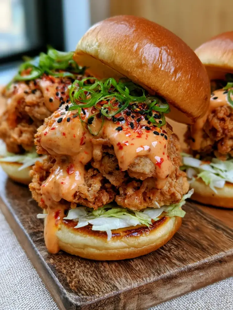 Bang Bang Chicken Sliders with Crispy Double-Breaded Chicken 1 Assembled bang bang chicken sliders with green onions and black sesame seeds on brioche buns.