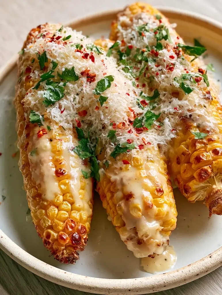 Garlic Parmesan Corn on the Cob: The Ultimate Air Fryer Recipe 1 A rustic platter featuring garlic parmesan corn on the cob topped with vibrant parsley and red chili flakes.