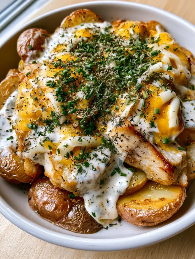 Slow cooker cheesy ranch chicken and potatoes: The Ultimate Comfort Food 1 Juicy chicken slices topped with melted cheddar and mozzarella cheese and dried dill. (Slow cooker cheesy ranch chicken and potatoes)