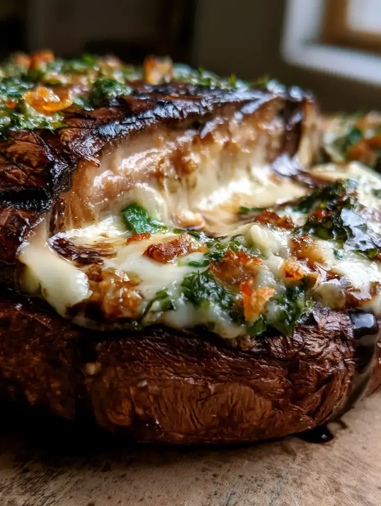 Mushroom Dinner Recipes: The Ultimate Stuffed Roasted Portobello 2 Macro shot of a sliced roasted portobello showing a meaty interior and gooey cheese center. (mushroom dinner recipes)